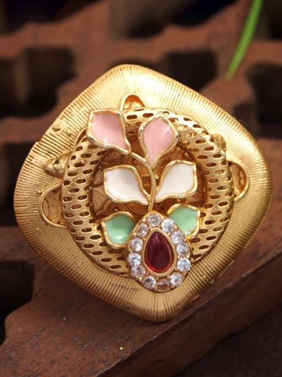 SGA FASHION Rajwadi Matte Gold Plated Meenakari Work Finger Ring