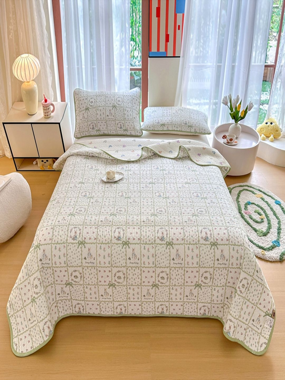JC HOME White & Green Printed 240 TC Cotton Single Bed Cover Set