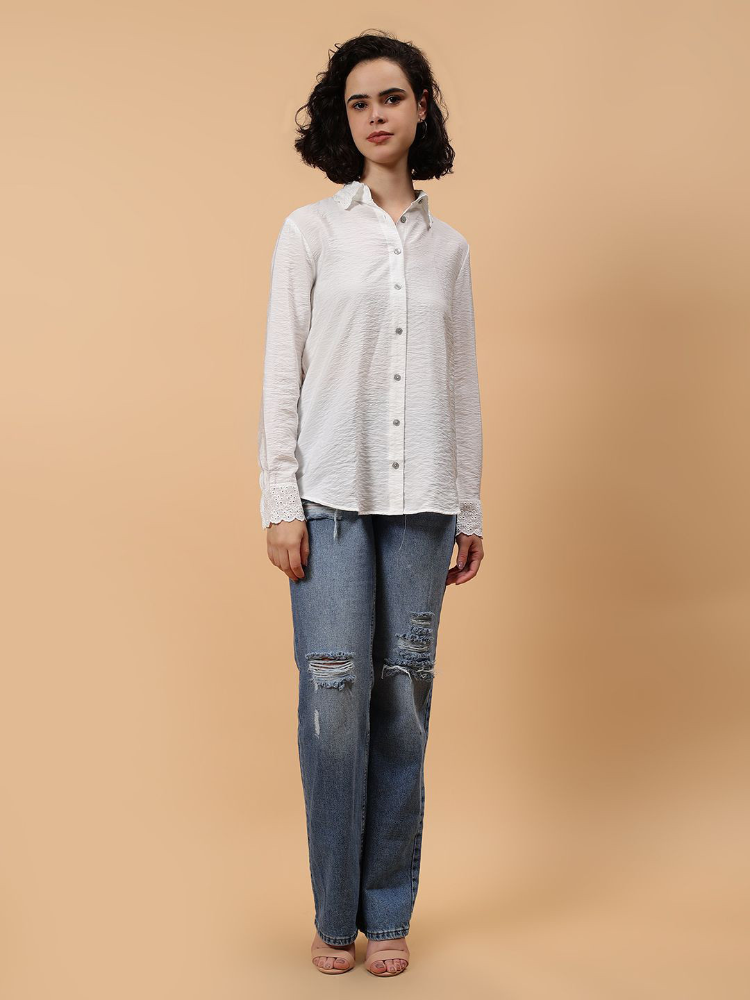 Fashion Gaiia Straight Textured Mandarin Collar Cotton Causal Shirt