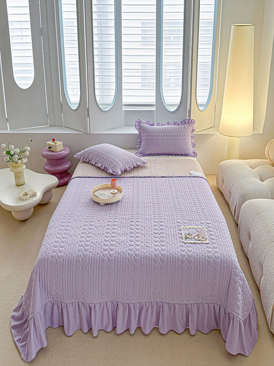 JC HOME Purple Double Bed Cover With Pillow Covers