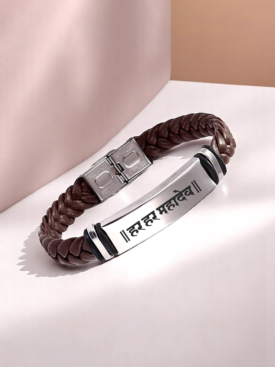 M Men Style Har Har Mahadev Printed Stainless Steel & Braided Leather Wraparound Bracelet