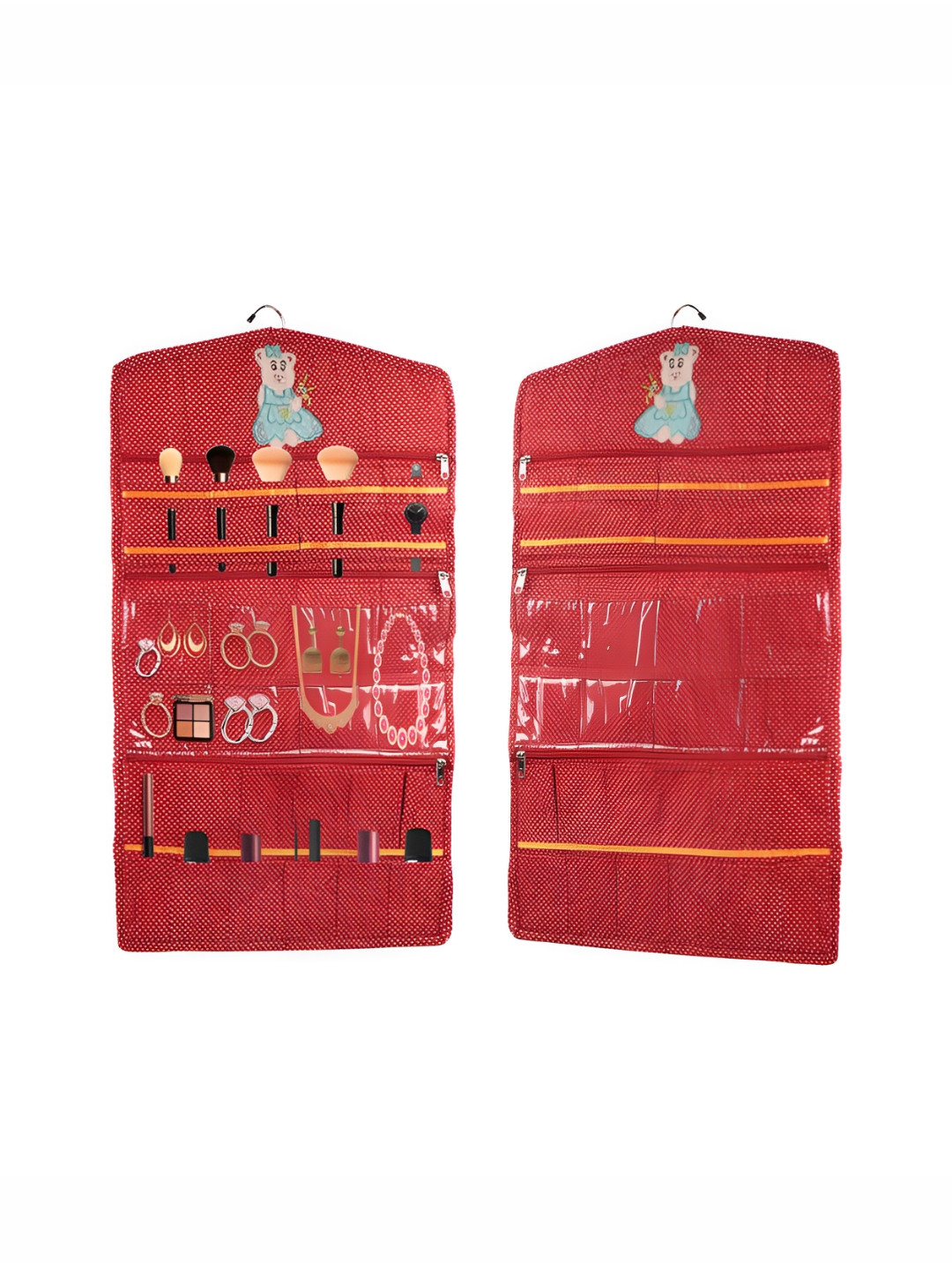 Aura 2 Pieces Red Cotton Hanging Jewellery Organizer Storage Bag with Zip