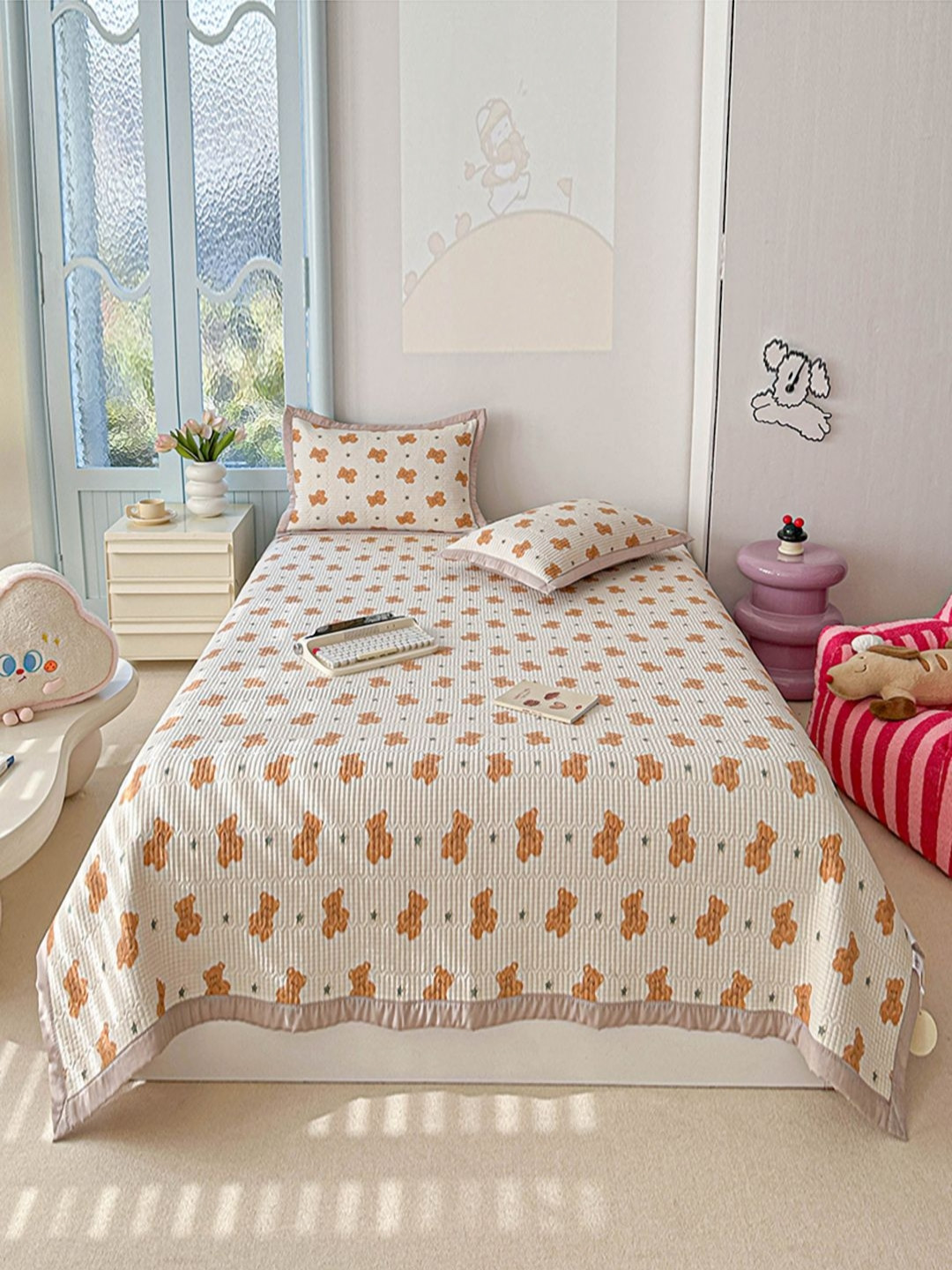 JC HOME White & Brown Double Bed Superking Cover With Pillow Covers