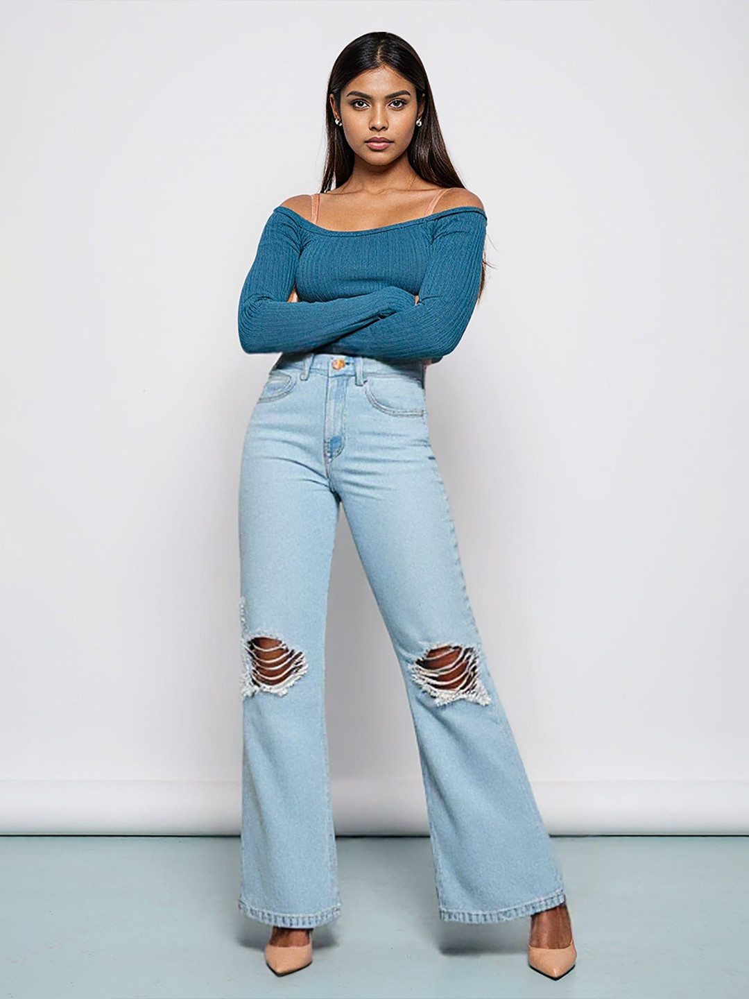 FREAKINS Women True Blue Distressed Wide Leg Jeans