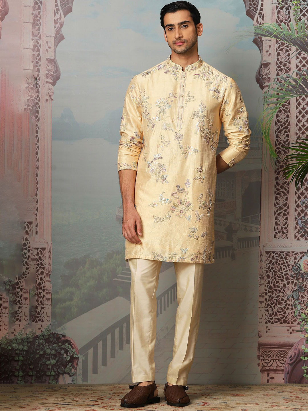ASUKA Amber Grace Floral Embroidered Thread Work Raw Silk Straight Kurta With Trouser