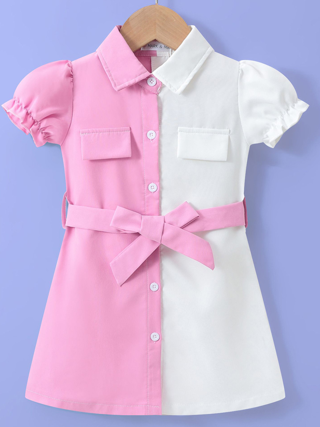 Mark & Mia Girls Solid Belted Puff Sleeve Shirt Dress