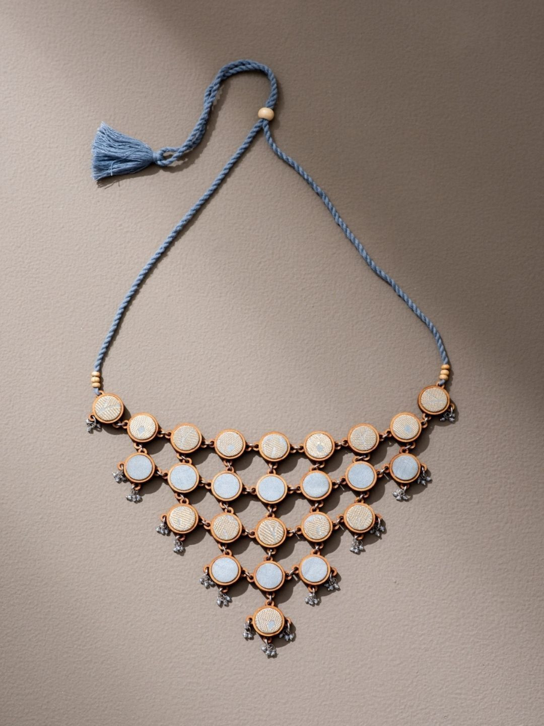 WHE Brass Silver-Plated Upcycled Fabric And Repurposed Wood Adjustable Statement Necklace