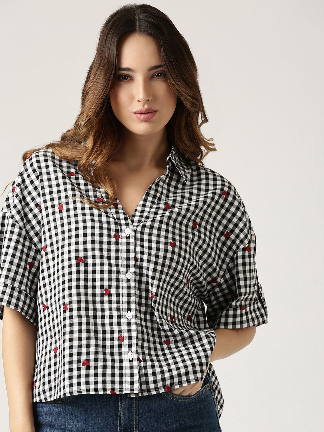Jolene.club Gingham Checks Heart Embroidered Box Fit Cotton Formal Shirt