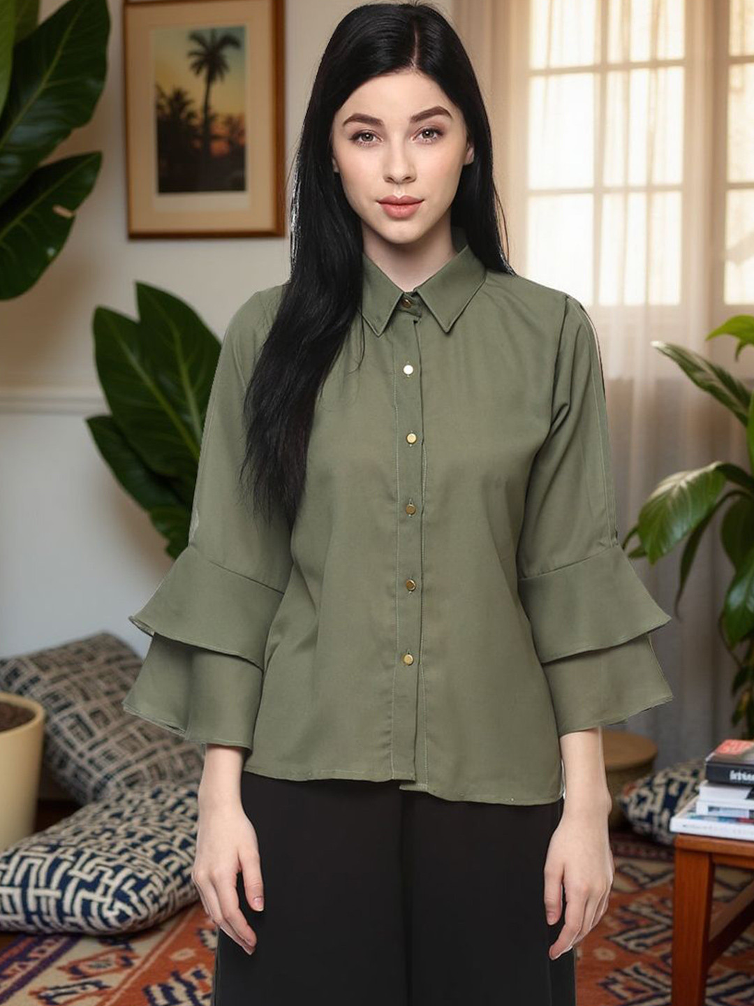 Pannkh Women Shirt Style Bell Sleeves Top