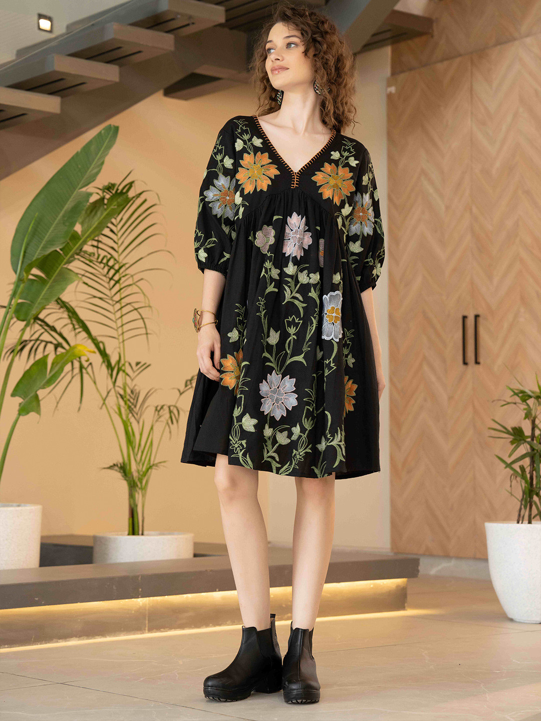 Azaayah Women Floral Embroidered Cotton A-Line Knee Length Dress