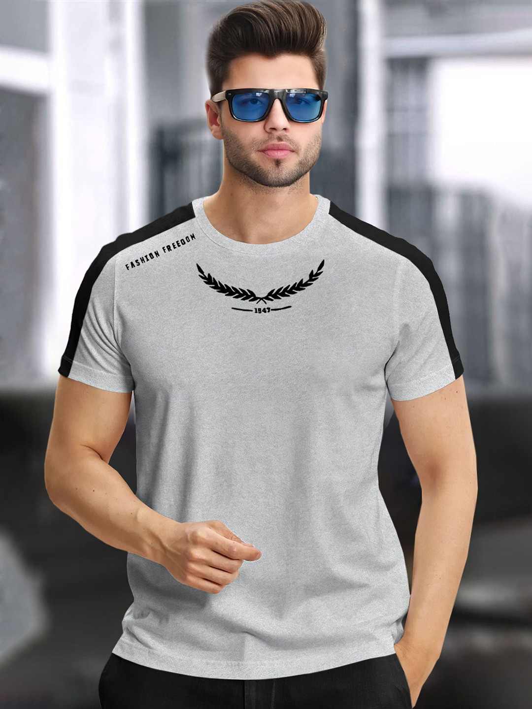 TRIPR Grey and Black Round Neck Regular Fit T-shirt