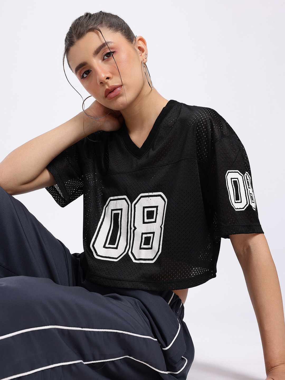 glitchez Printed Perforated Varsity Boxy T-shirt