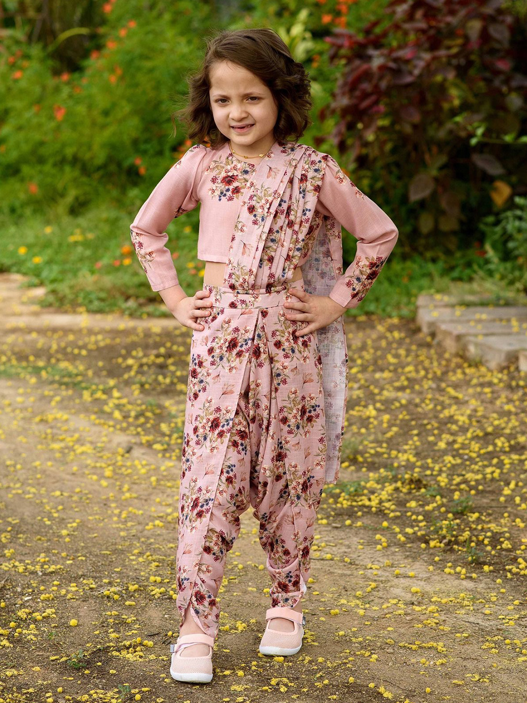 Pasha Girls Carnation Pink Dhoti Saree & Top Kids