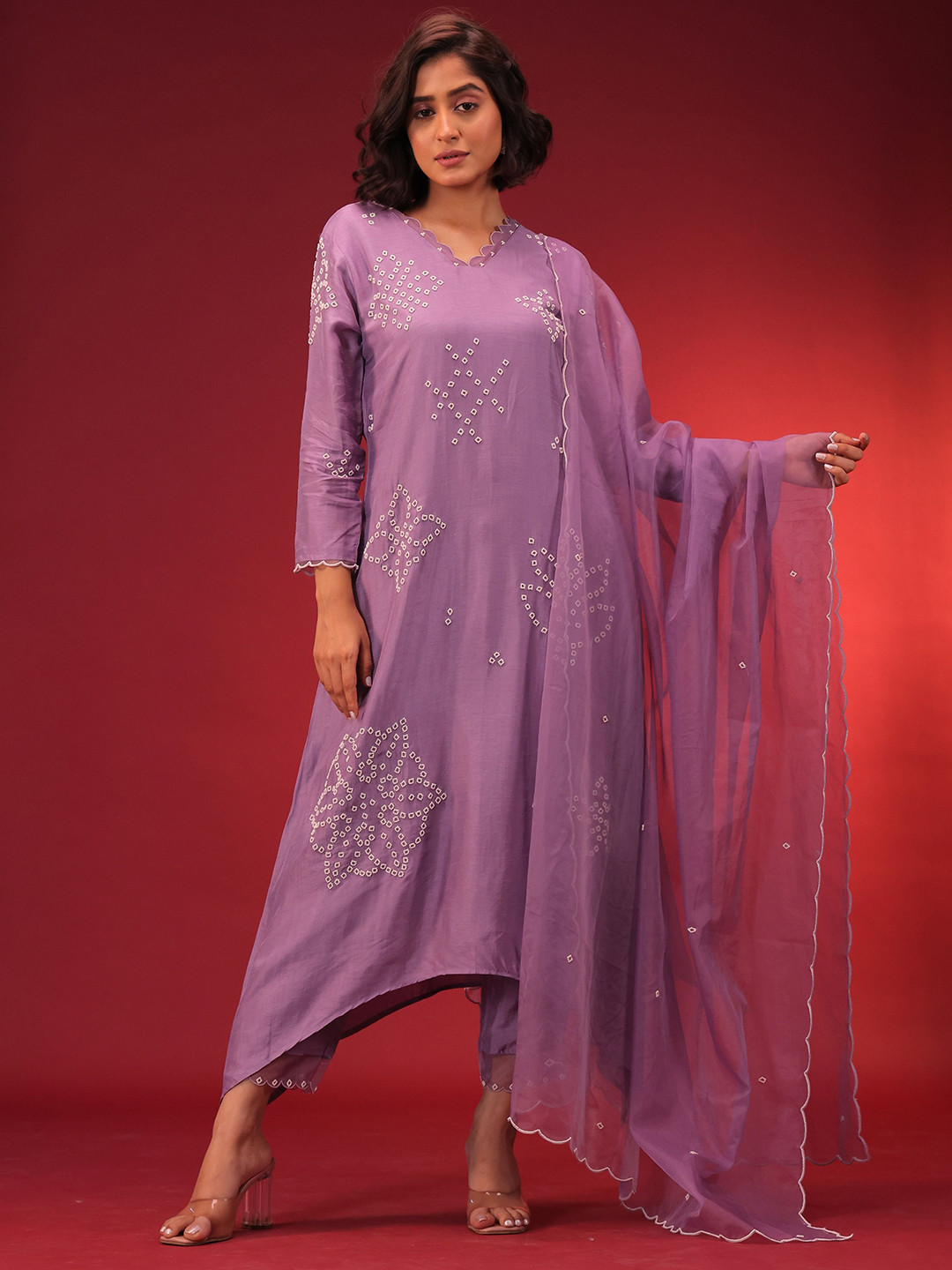 ORAT Embroidered Beads and Stones Pure Silk A-Line Kurta With Trouser & Dupatta