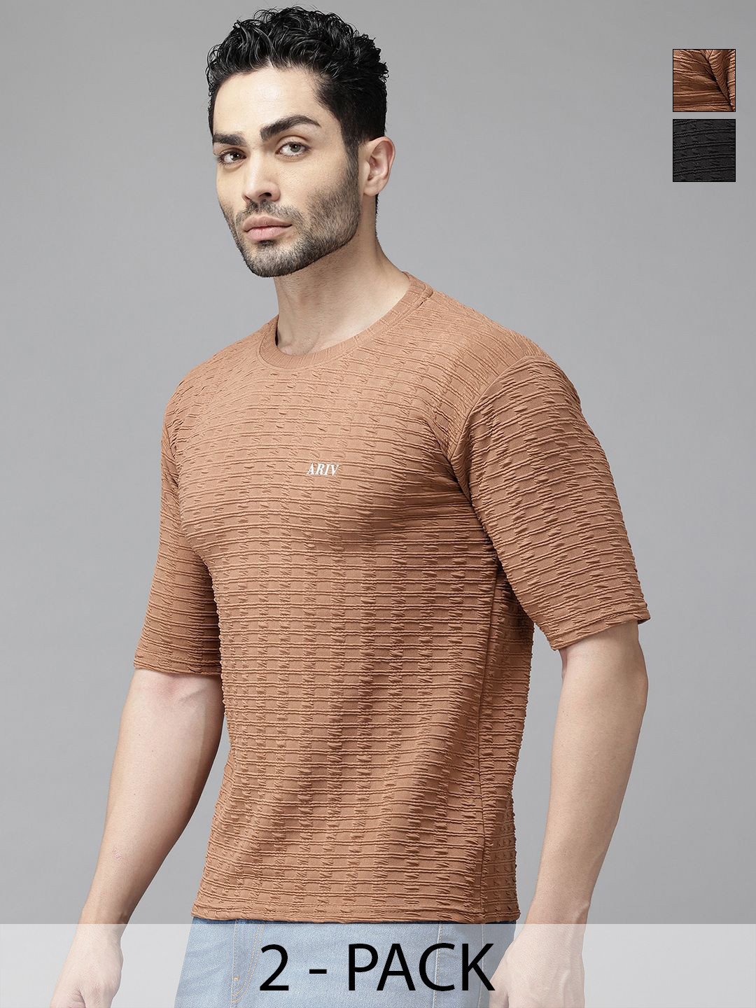 ATLANS Pack of 2 Round Neck Self Design Regular Fit Polyester T-shirt