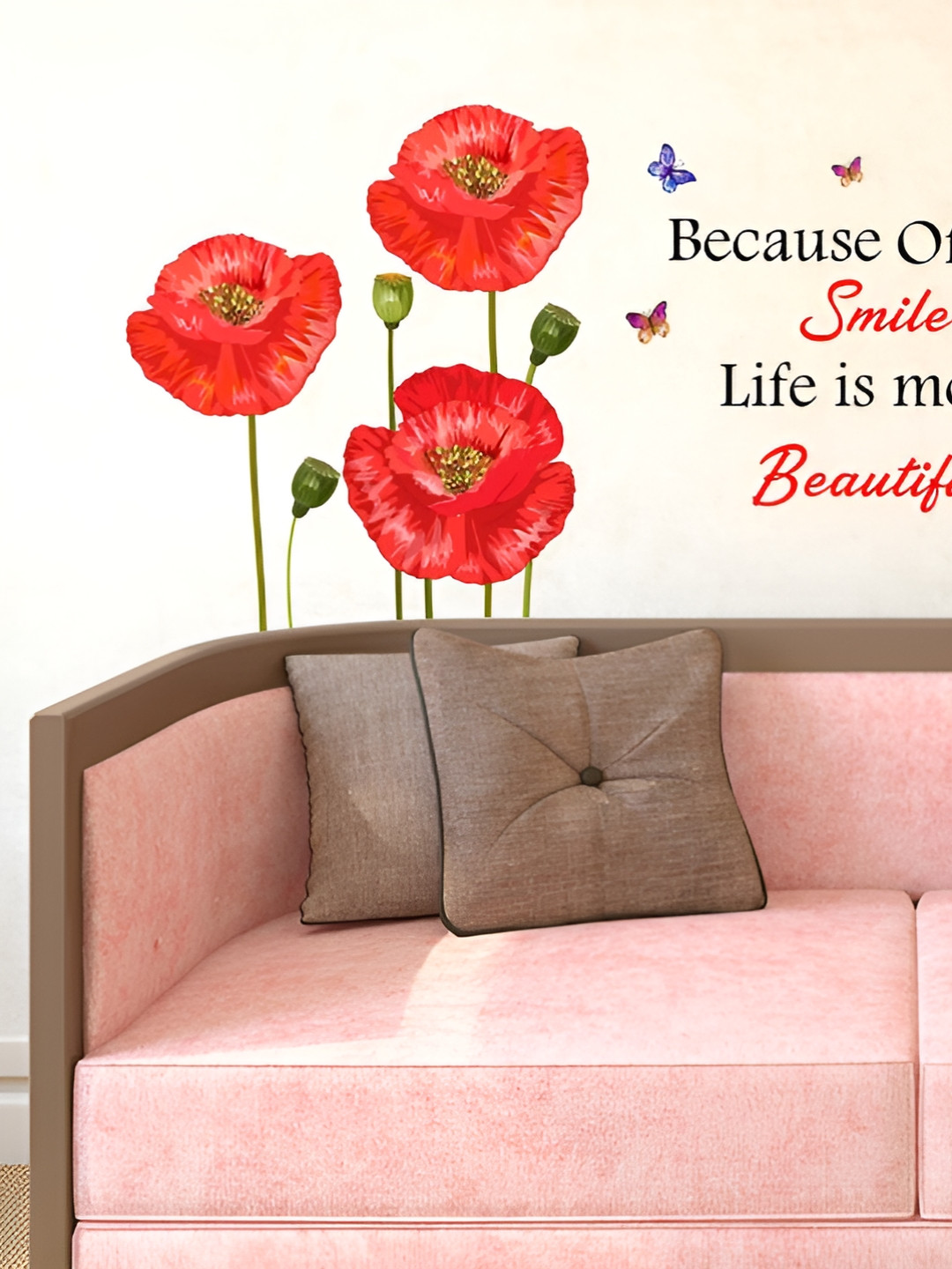 LANSTICK Green & Red Printed Flowers With Smile Quotes Wall Sticker