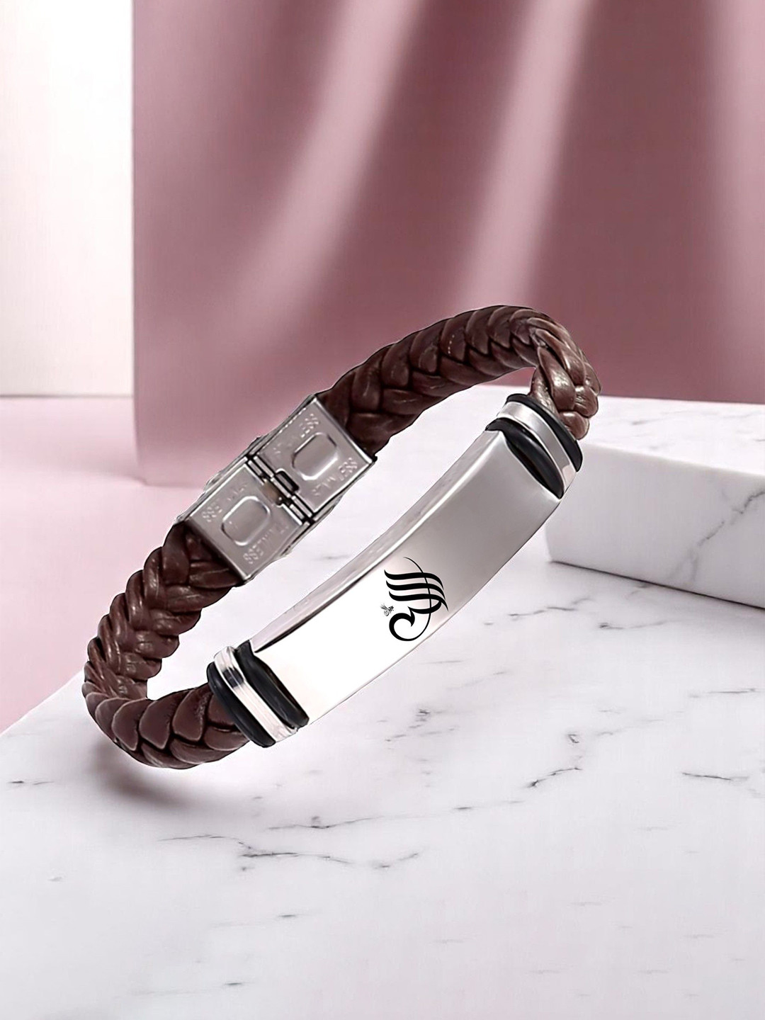 M Men Style Allah Printed Stainless Steel & Braided Leather Wraparound Bracelet