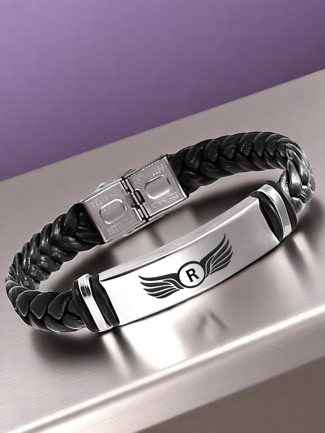 M Men Style R Letter Printed Stainless Steel & Braided Leather Wraparound Bracelet