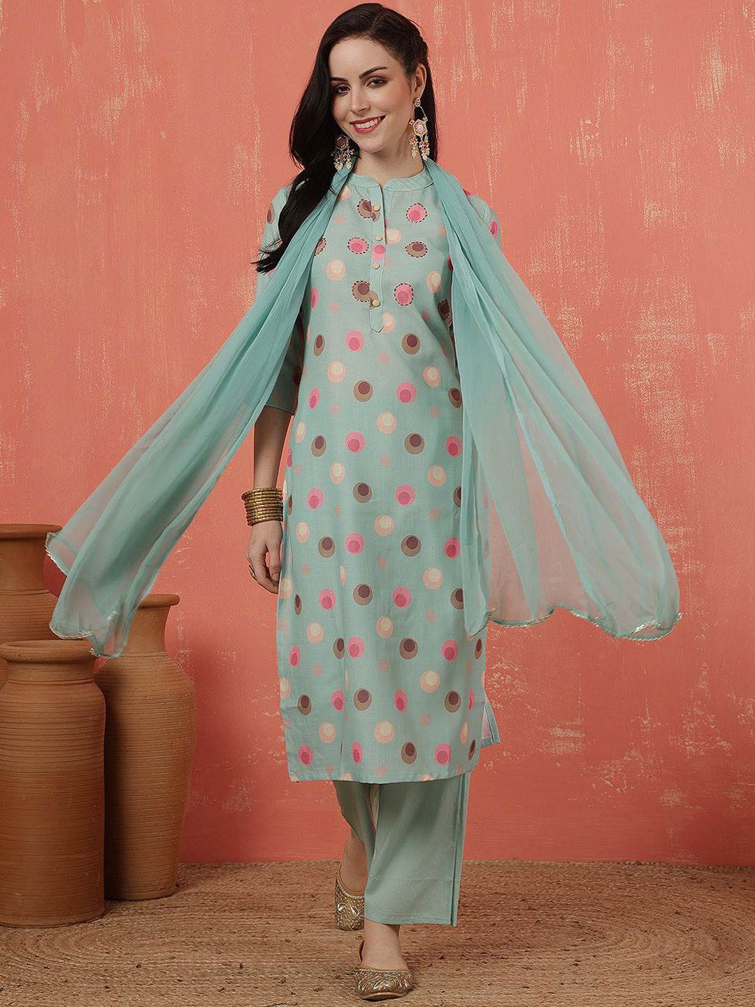 Anouk Women Embroidered Mandairan Coller Linen Kurta with Trousers & With Dupatta