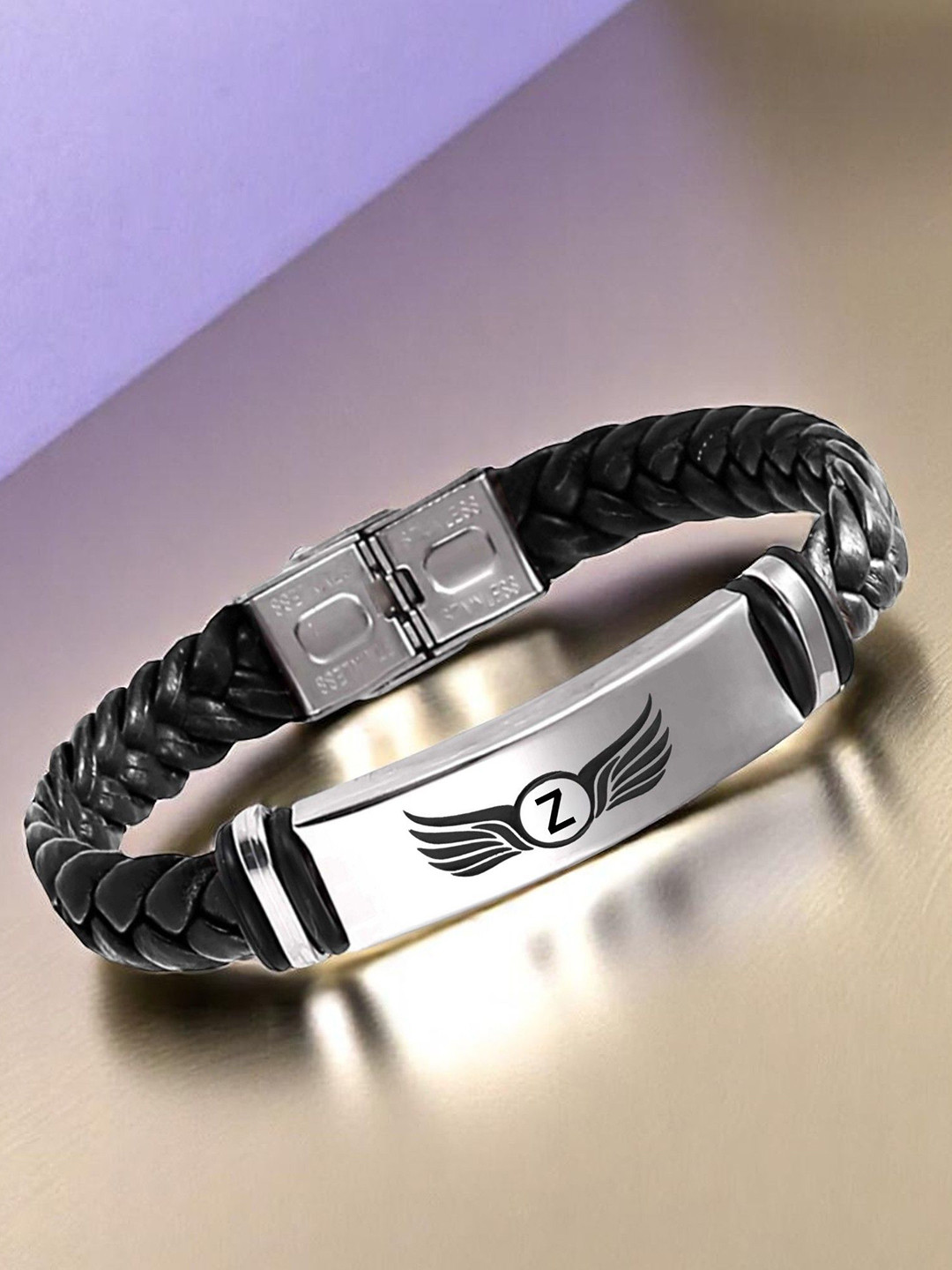 M Men Style Z Letter Printed Stainless Steel & Braided Leather Wraparound Bracelet