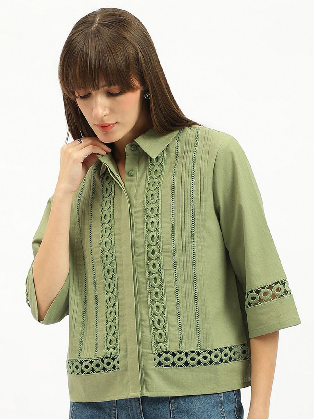 United Colors of Benetton Geometric Self Design Lace Inserts Cotton Linen Shirt