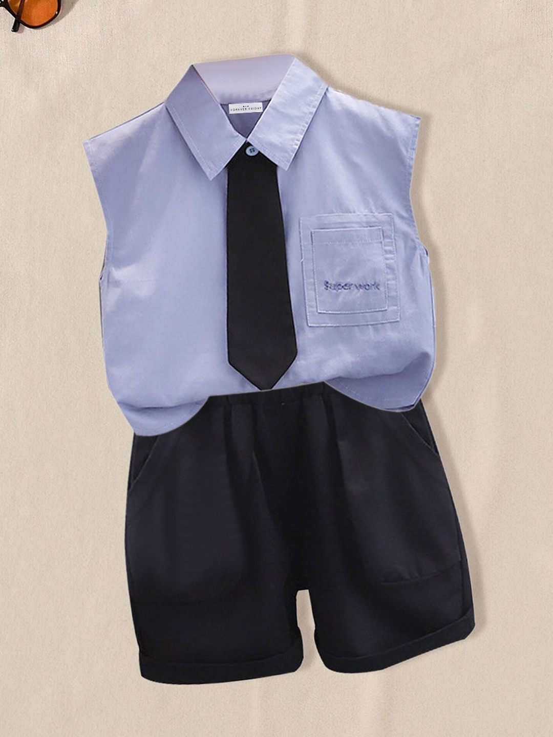 FOREVER FRIDAY Boys Shirt Collar Sleeveless Pure Cotton Shirt & Shorts