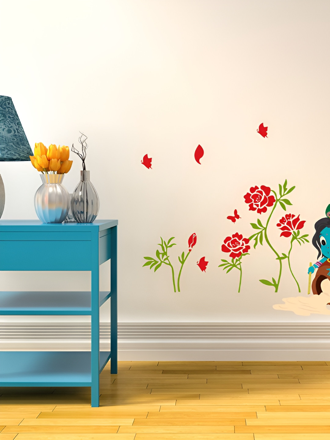 LANSTICK Flowers With Little Krishna Printed Heatproof Wallsticker