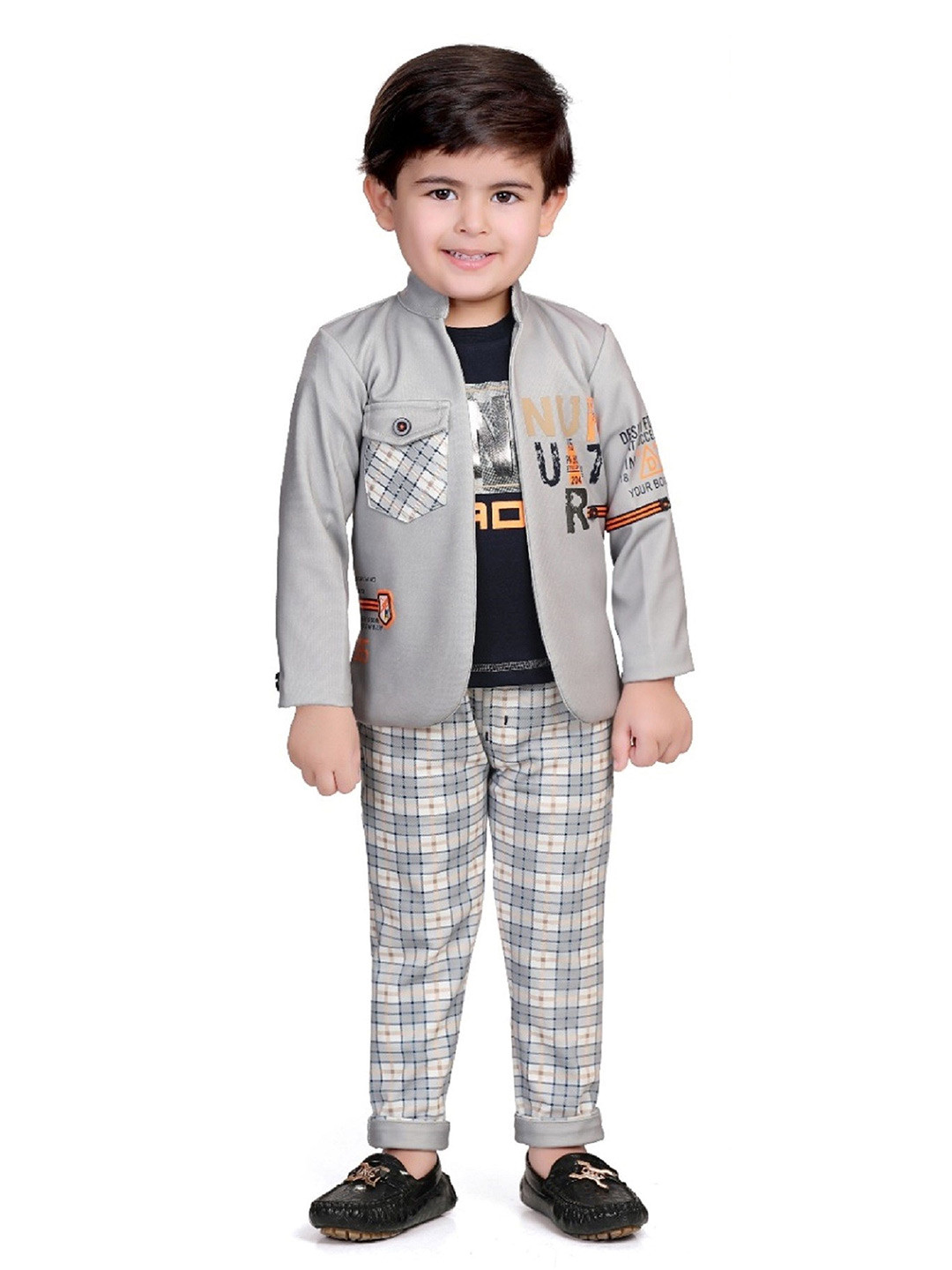 DOTSON Boys Printed T-shirt and Mandarin Collar Shirt with Checked Trousers