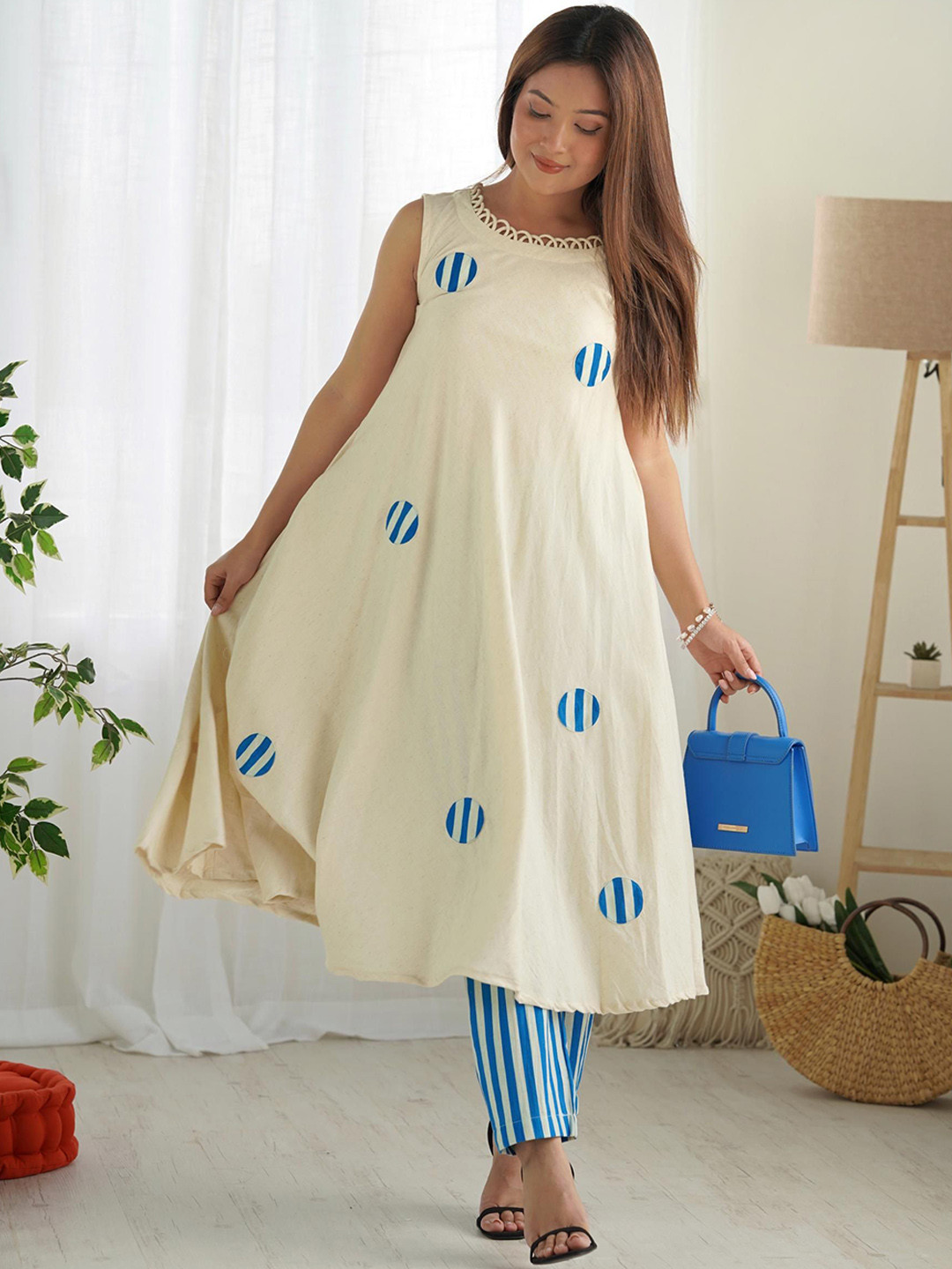 FFI Women Printed Timeless khadi Cotton Kurta Set with Trousers