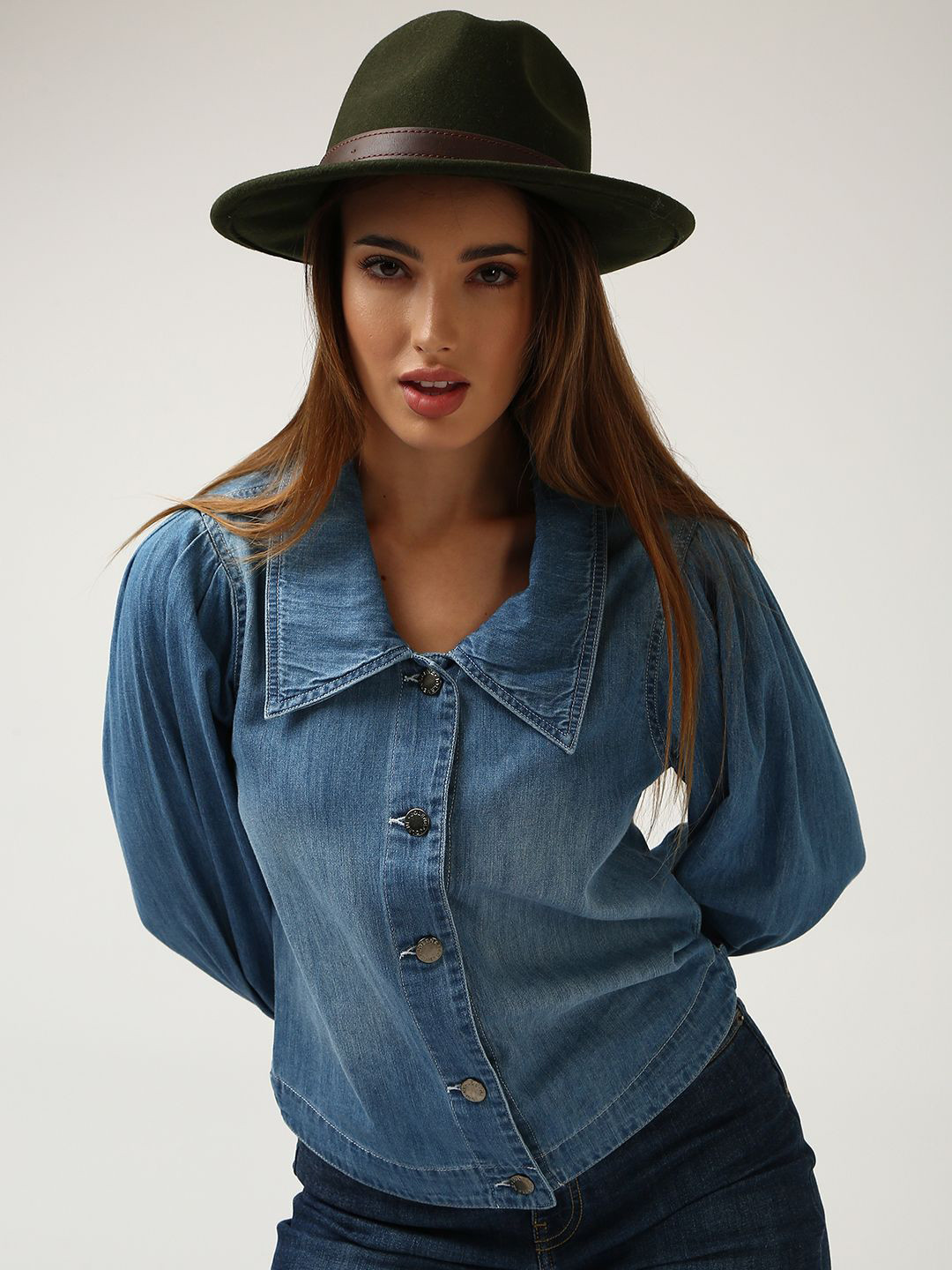 Jolene.club Denim Pleated Sleeve Shirt Style Top