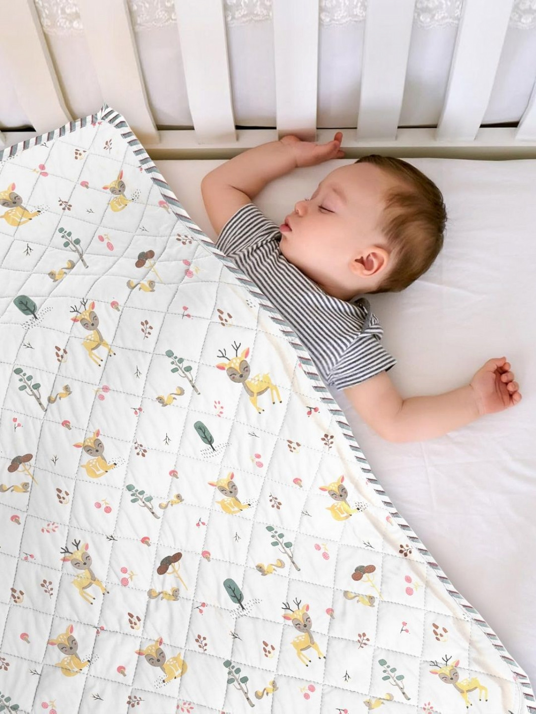 HOMEMONDE Tender Tales White & Yellow Cotton Printed AC Room Reversible Single Bed Blanket