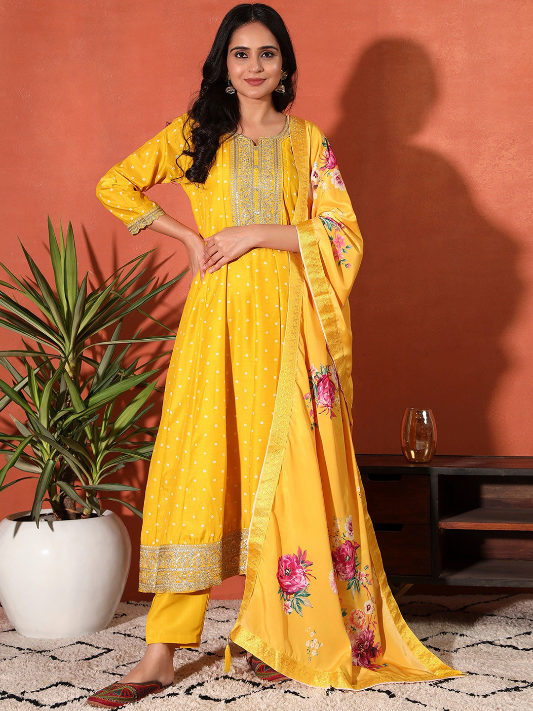 Sangria Women's Sequin Embroidered & Floral Printed Anarkali Kurta Sets