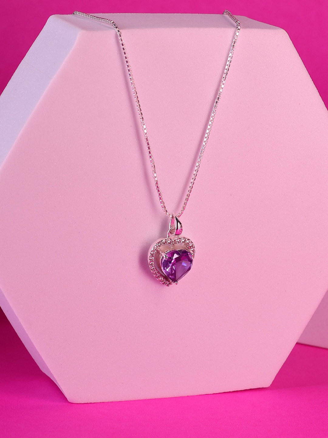 ShimmerTots 925 Silver Rhodium-Plated Heart Shaped Purple Stones Pendant with Chain