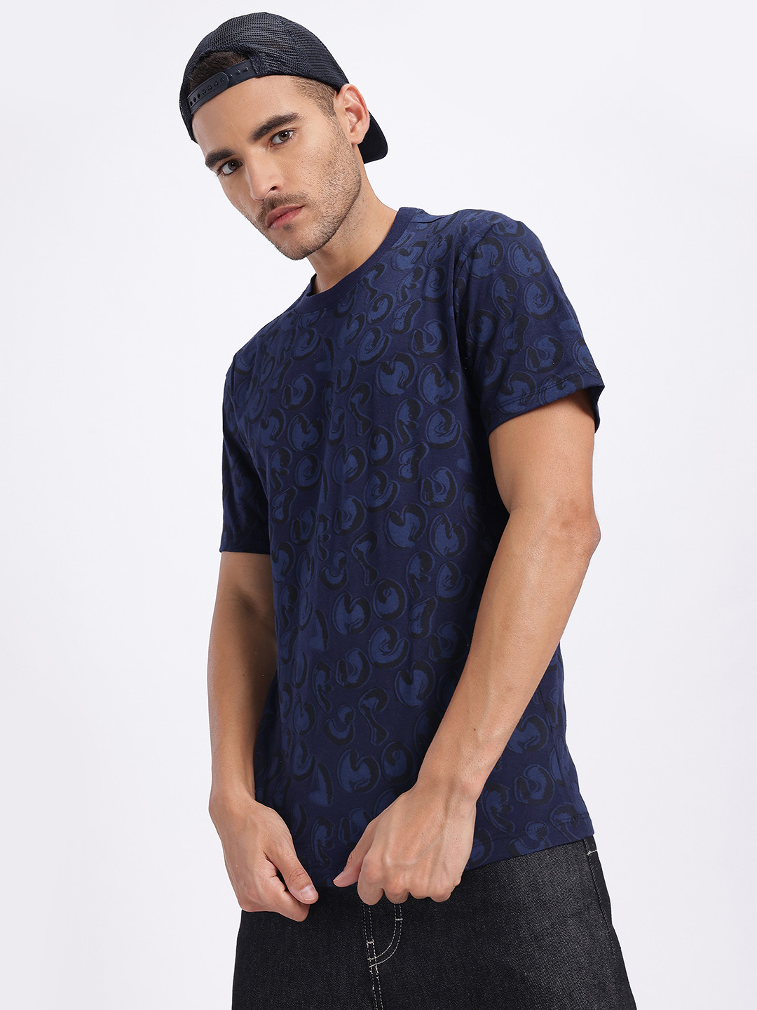 Navy Blue Abstract Printed Regular Fit T-shirt