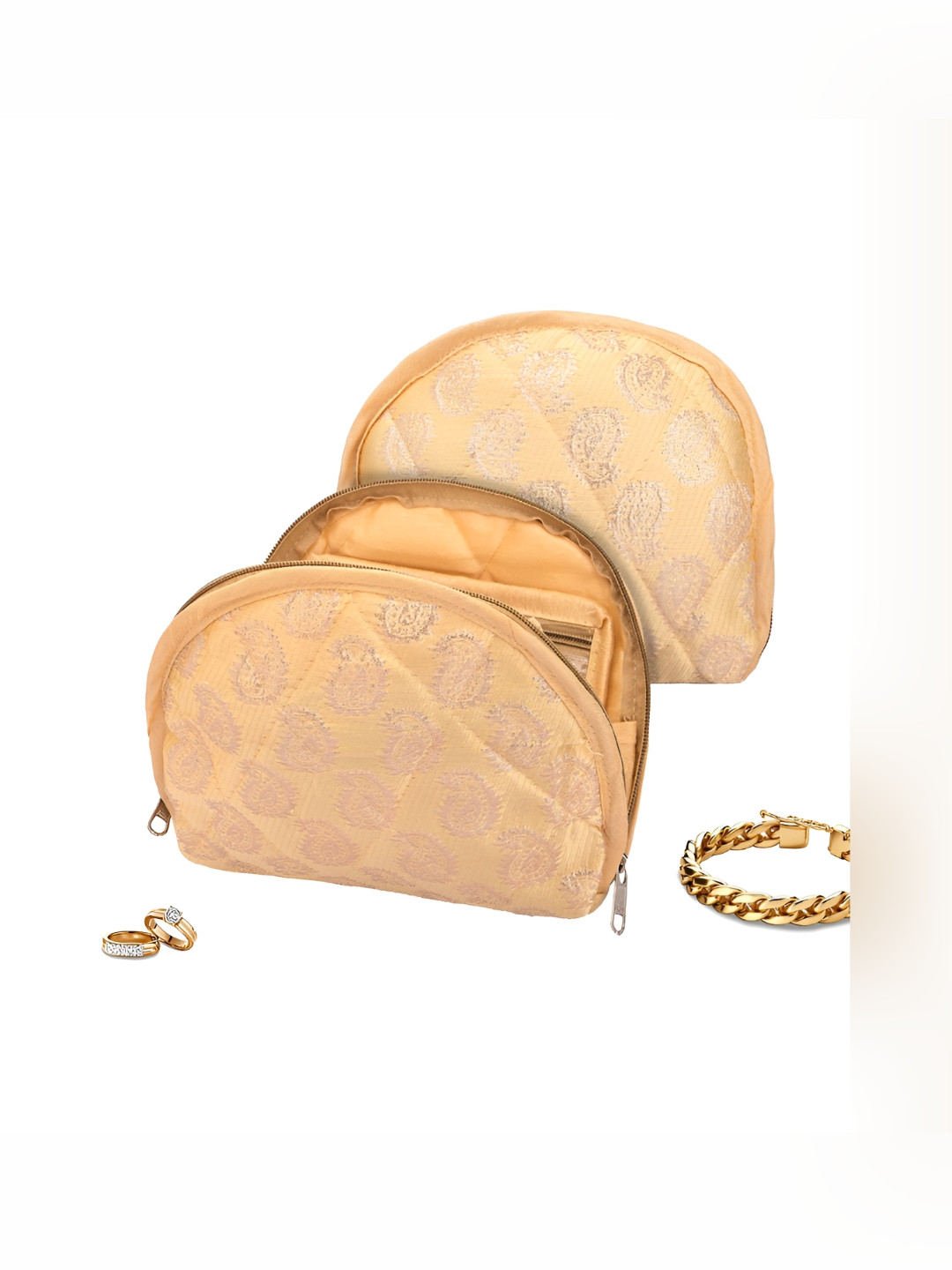 Aura Gold-Toned & Beige 2 Pieces Printed Cotton Jewellery Kit with 4 Transparent Pouches