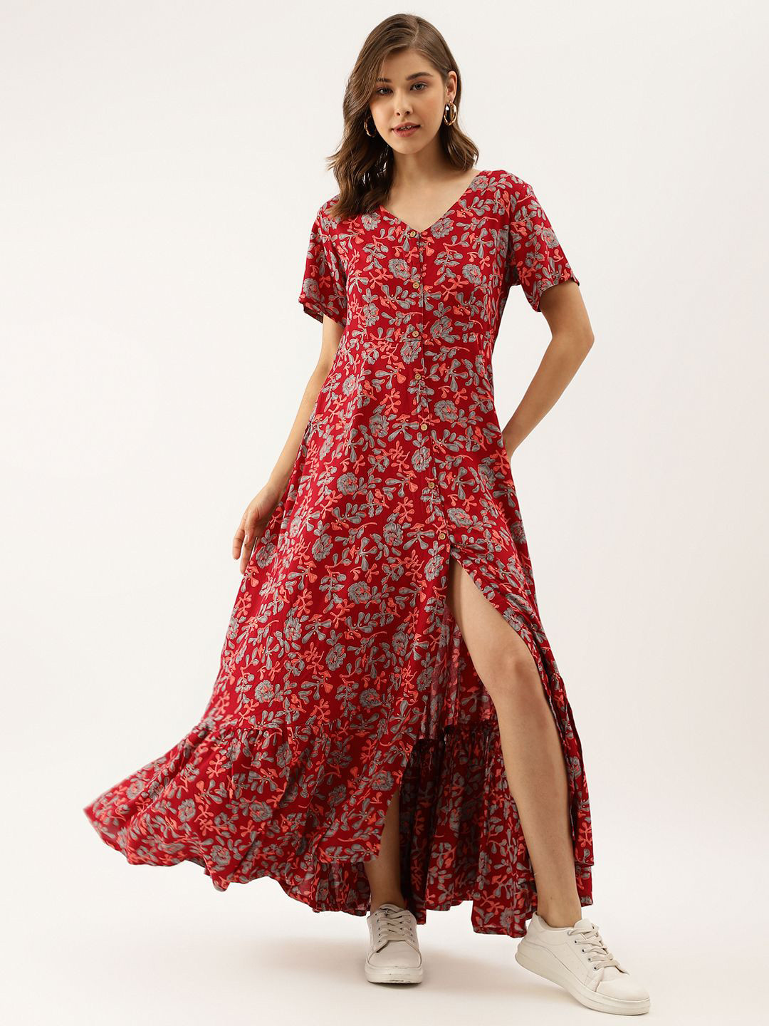 CORSICA Women Floral Print V- Neck Fit & Flare Midi Dress