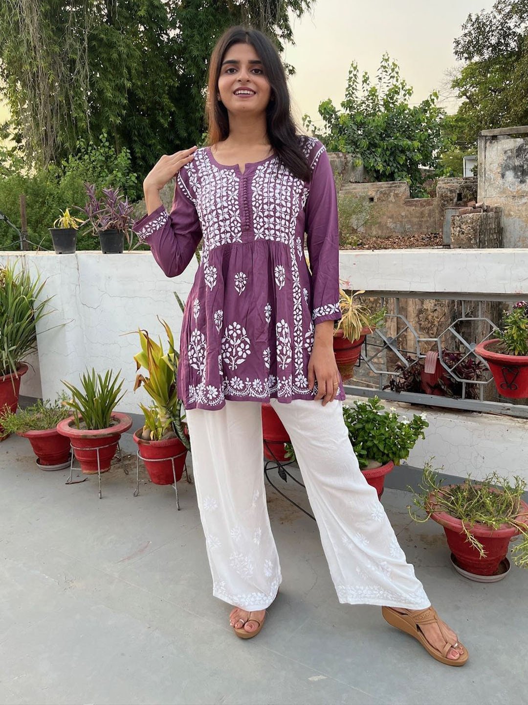 Everything In Chikankari Mauve Embroidered Short Top