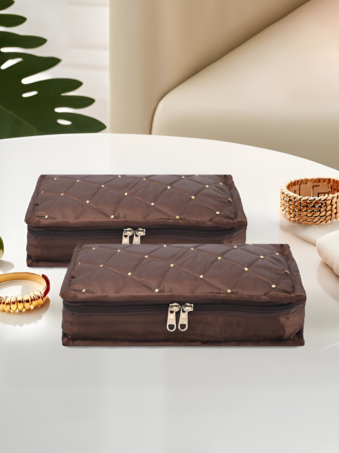 Aura Set of 2 Brown Satin Large Jewellery Kit with 6 Pouche Jewellery Organiser