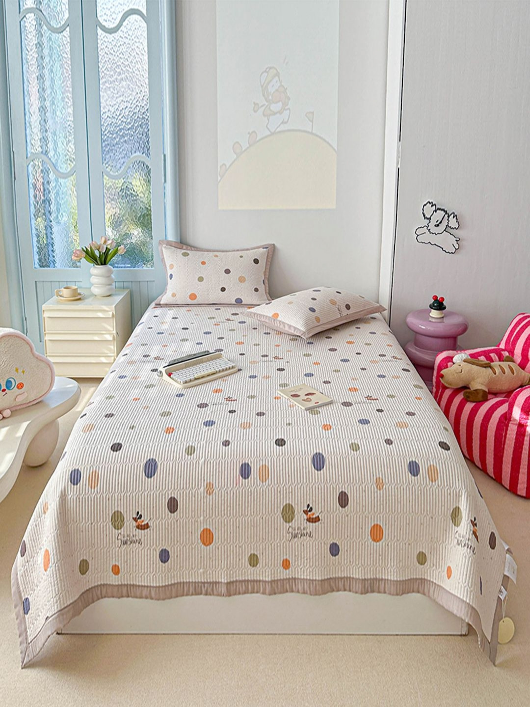 JC HOME White & Blue Double Bed King Cover With Pillow Covers