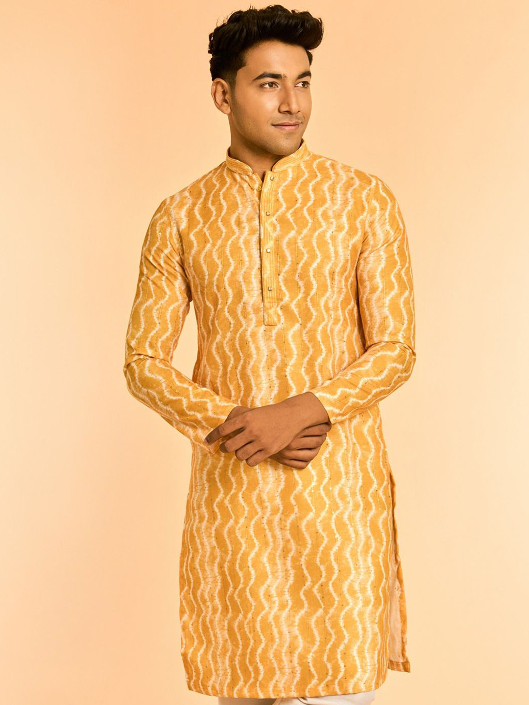 Diwas by Manyavar Tie & Dyed Sequinned Mandarin Collar Straight Kurta