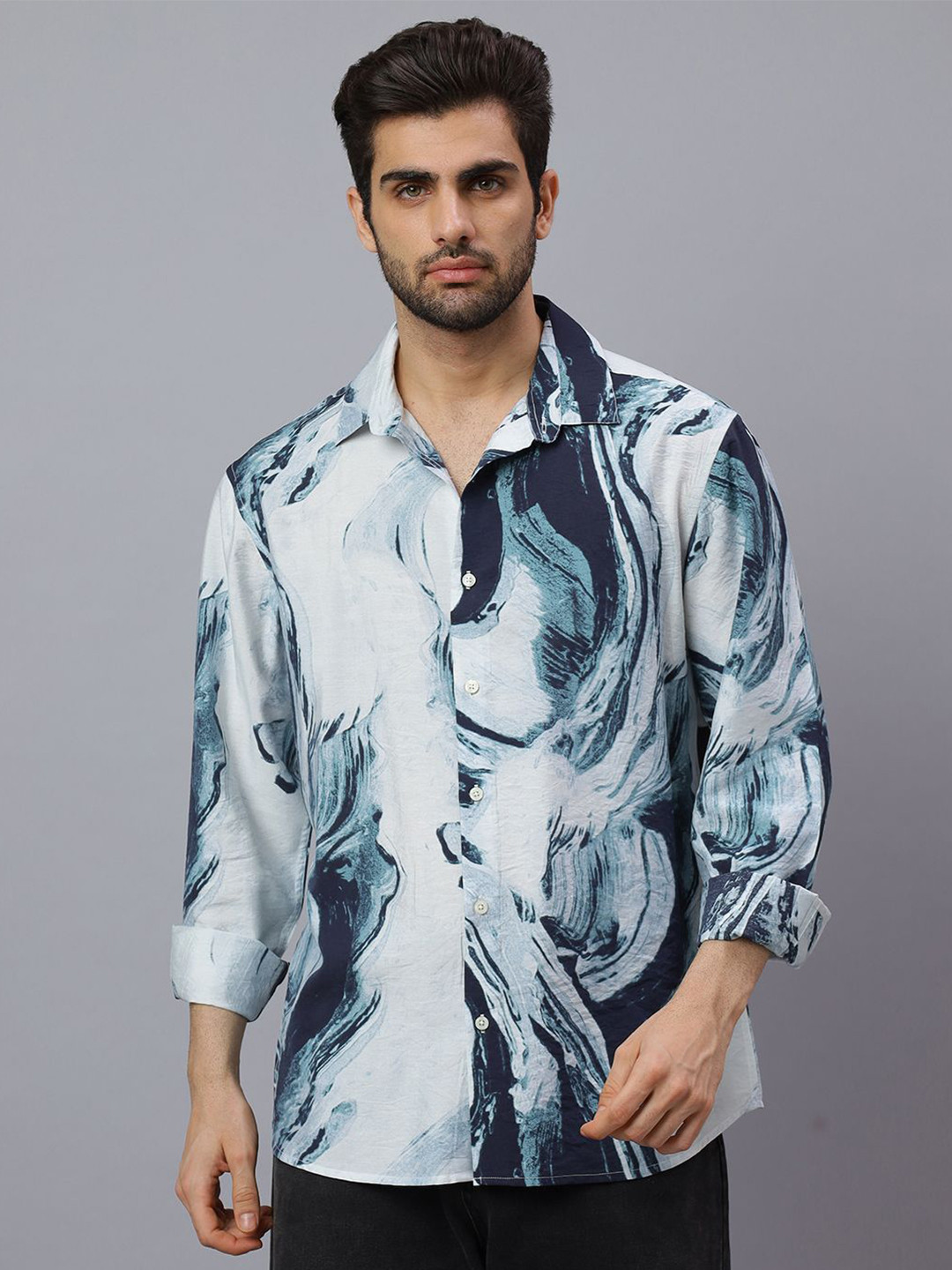 NEON CHILLIE Abstract Printed Spread Collar Classic Slim Fit Cotton Shirt