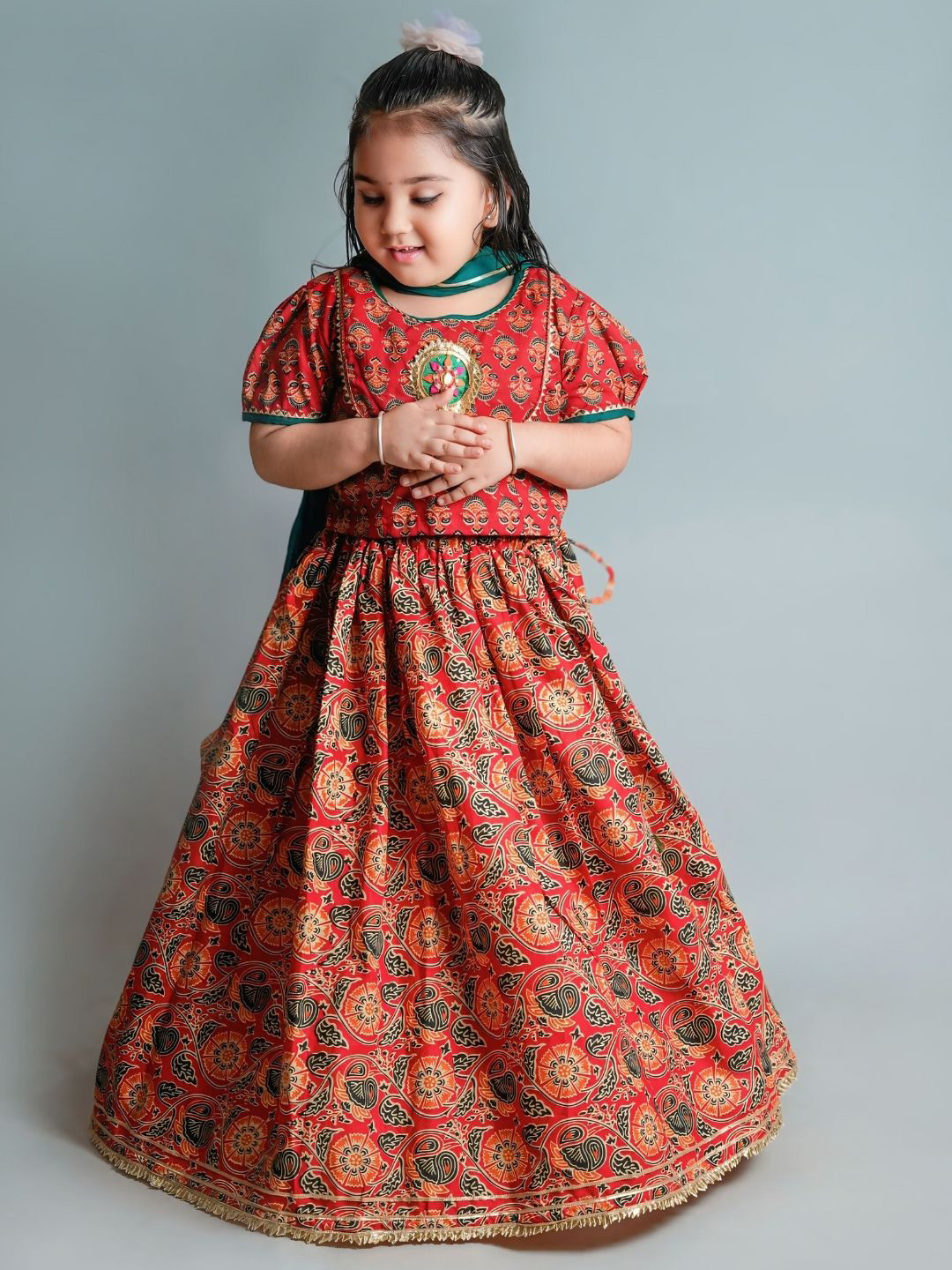 Chanda Mama Girls Embellished Mirror Work Ready to Wear Lehenga & Blouse With Dupatta