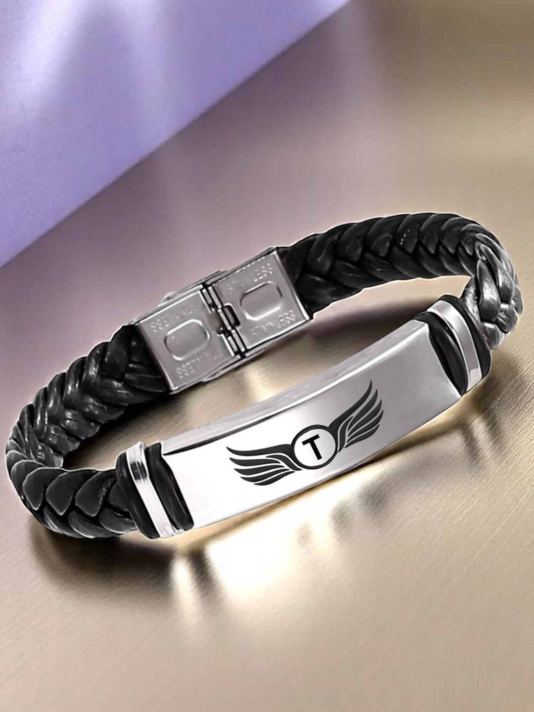 M Men Style T Letter Printed Stainless Steel & Braided Leather Wraparound Bracelet