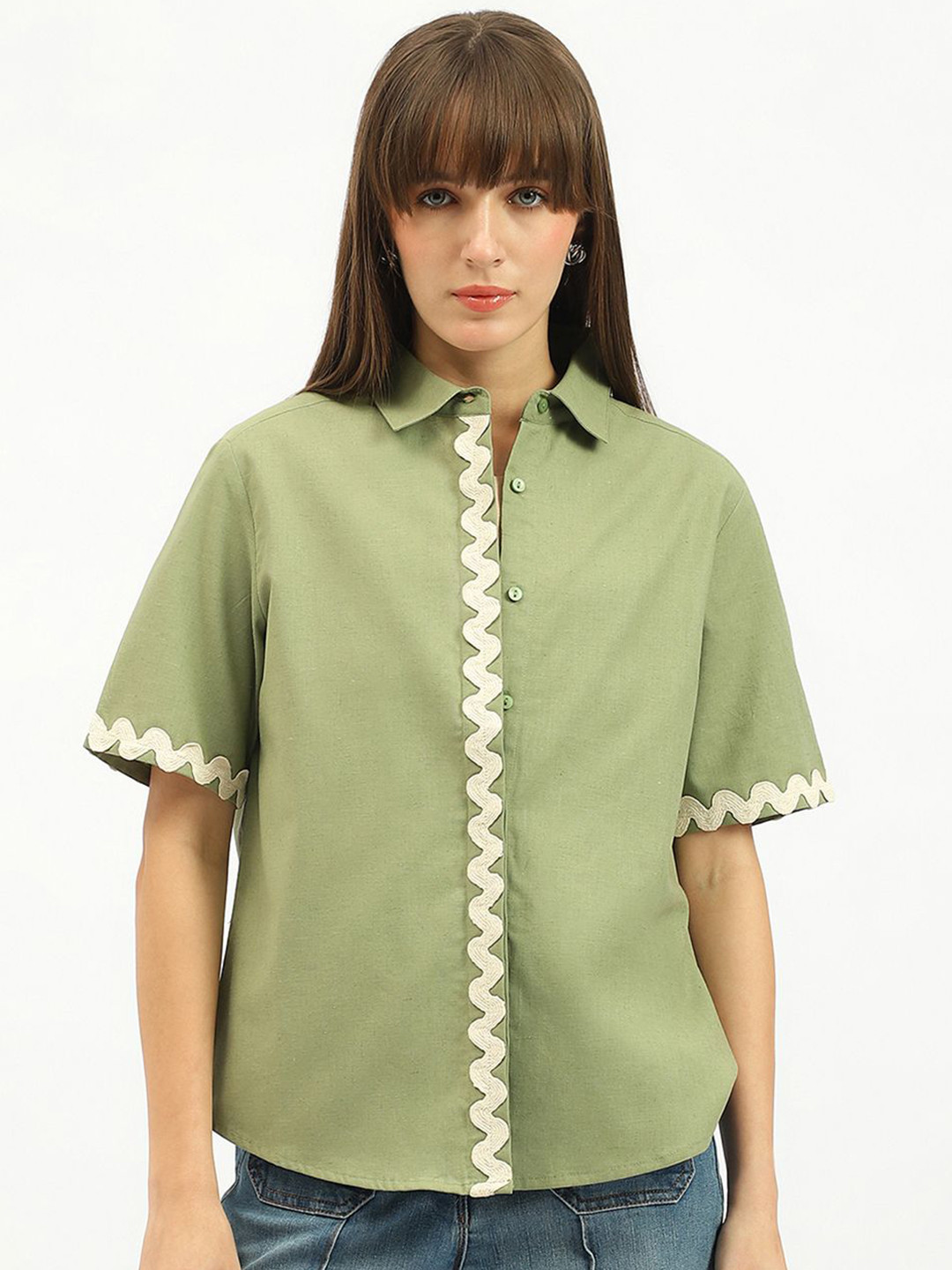 United Colors of Benetton Spread Collar Lace Inserts Cotton Linen Shirt