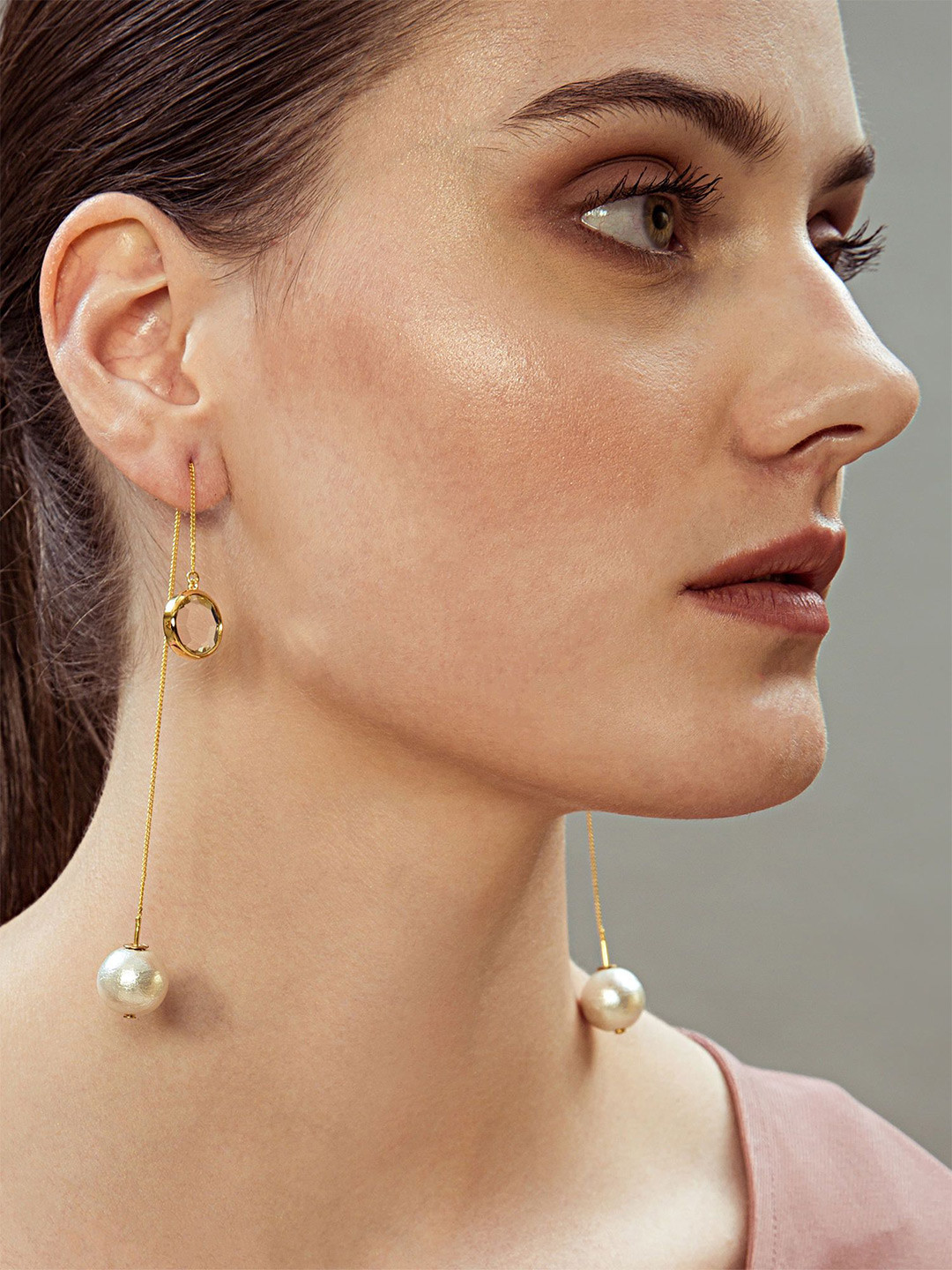 Isharya 18Kt Gold Plated Contemporary Mirror & Pearl Needle-Thread Drop Earrings