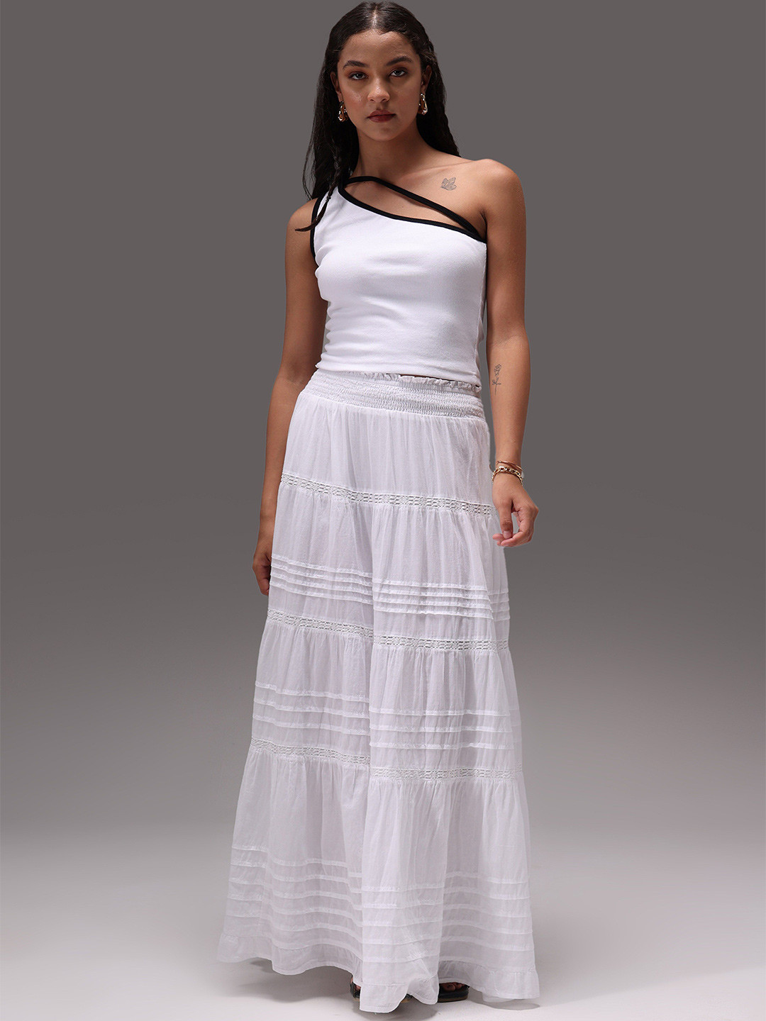 Obleka Pure Cotton One Shoulder Neck Rib Top With Skirt Co-Ords