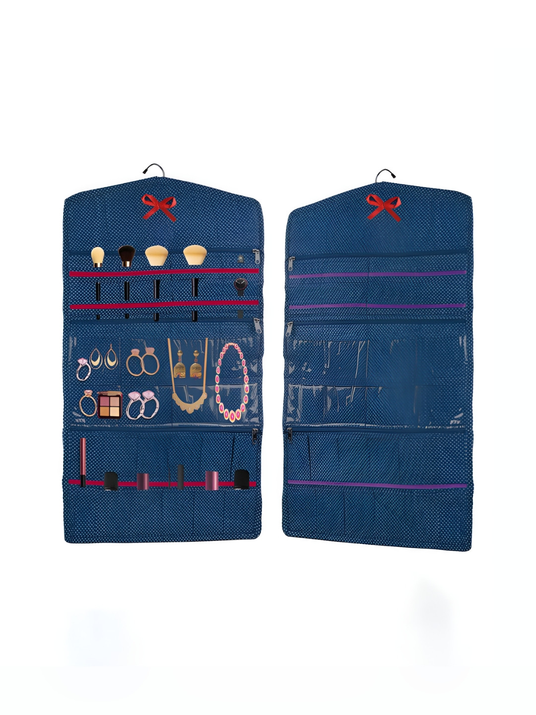 Aura 2 Pieces Blue Cotton Hanging Jewellery Organizer Storage Bag with Zip