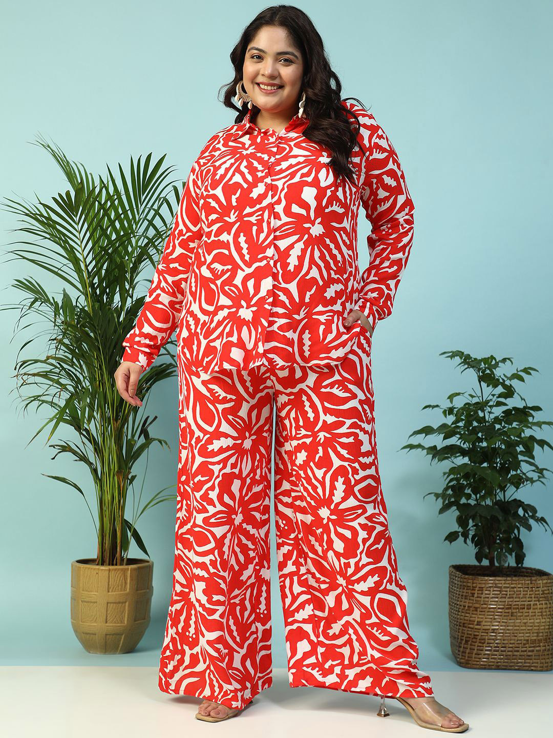 Women Plus Size Red Floral Print Collared Shirt with Flared Pants Co-ord Set