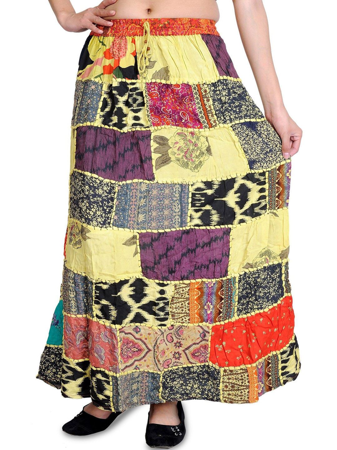 Exotic India Printed A-Line Maxi Dori Skirt From Gujarat With Patch Work