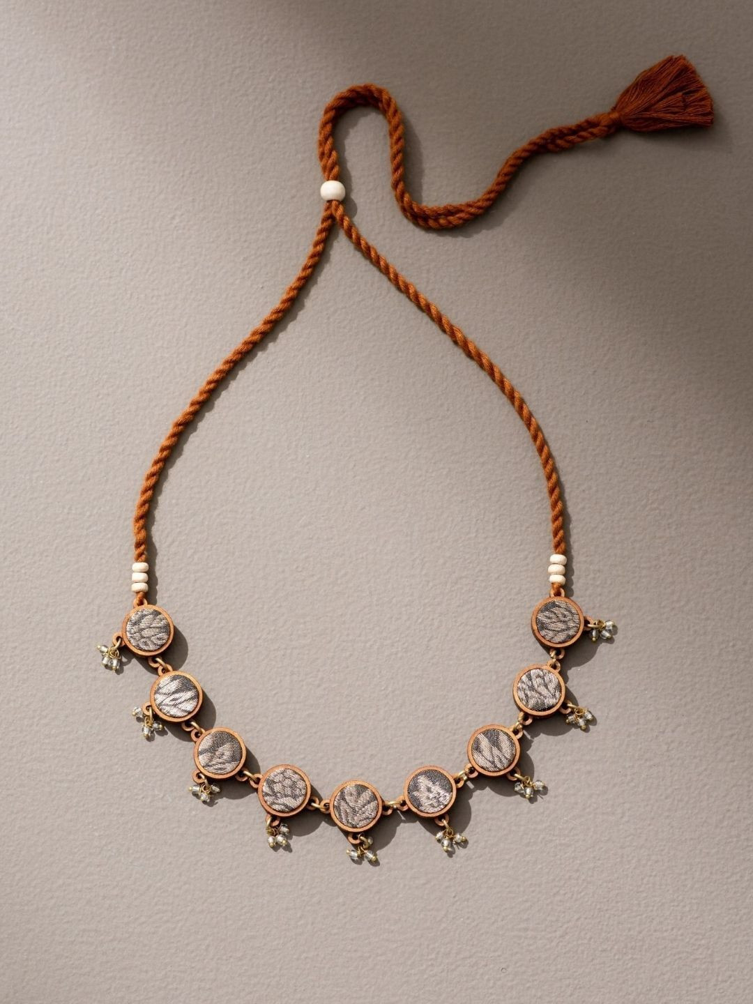 WHE Brass Upcycled Fabric And Wood Adjustable Choker Necklace